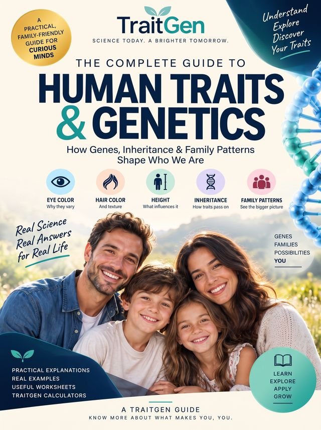 Cover of Why You Look The Way You Do, the TraitGen ebook, showing a smiling family of four and icons for eye color, hair color, height, inheritance and family patterns