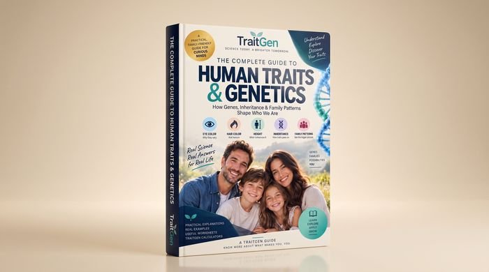 Why You Look The Way You Do, the TraitGen ebook, shown as a hardcover book standing on a cream background